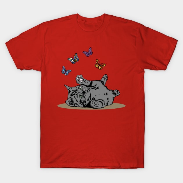 Grey Kitten Playing With Butterflies T-Shirt by Miozoto_Design